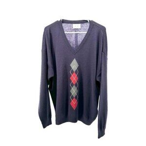 Aklanda Men’s L Large Pure Wool Sweater‎ Argyle COOGI Style Vintage Navy Blue